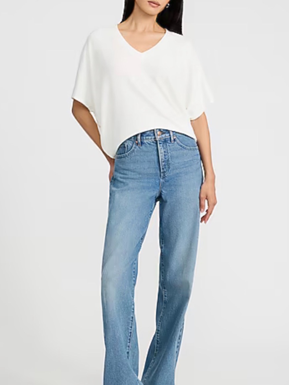 NWT Express White Relaxed Crepe V-Neck Short Sleeve Sweater